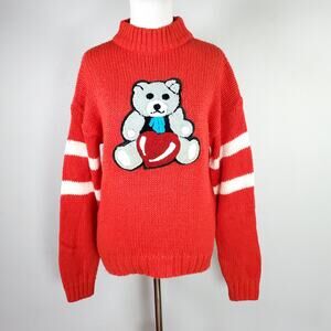 Vintage Kidcore Red Sweater Novelty Teddy Bear Applique Mock Neck Acrylic Sz S